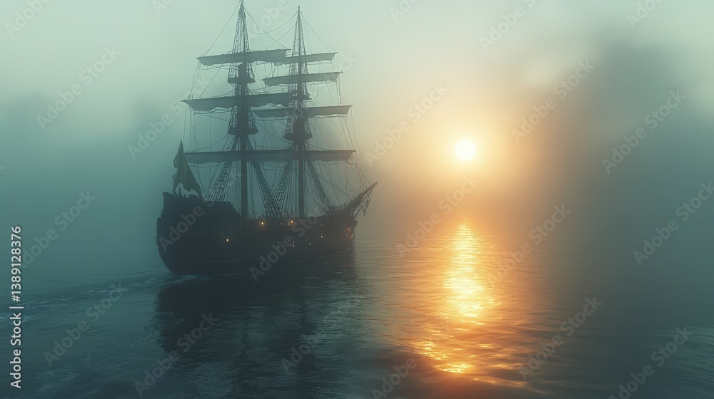 Sailing ship with foggy sunset sea.