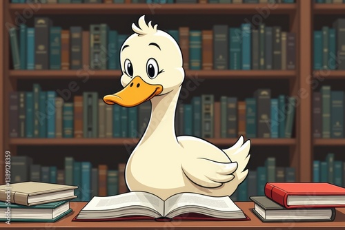 Cartoon duck reading books in library