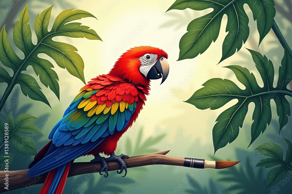 Parrot sitting on branch in tropical jungle