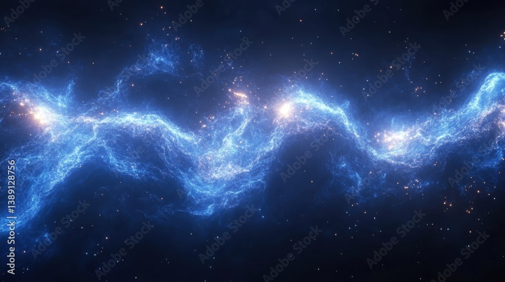Obraz premium Ethereal Cosmic Nebula in Deep Space with Glowing Stars and Blue Light Waves Abstract Background Astronomy
