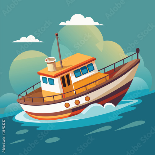 A cartoon illustration of a small boat with a yellow cabin sailing on the water with clouds in the sky.
