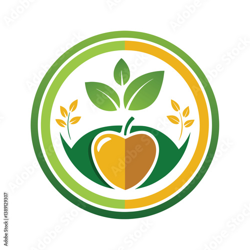 A circular logo with a green and yellow color scheme. The logo features a heart shaped apple, three leaves, and wheat stalks.