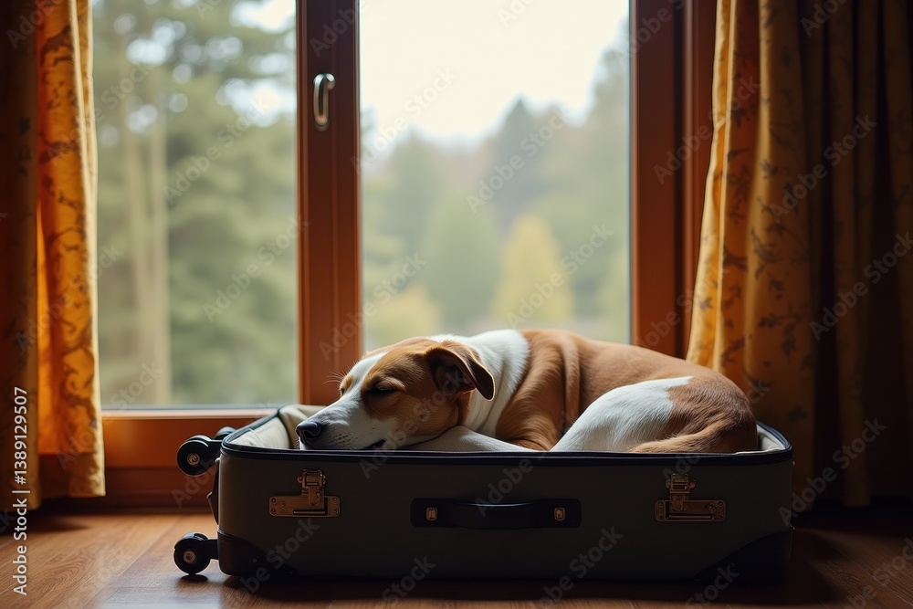 Dog resting in suitcase window: travel companion in cozy home setting