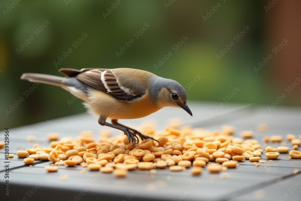 small bird pecking at scattered seeds on table