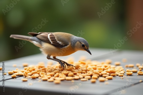 Obraz na płótnie small bird pecking at scattered seeds on table w salonie