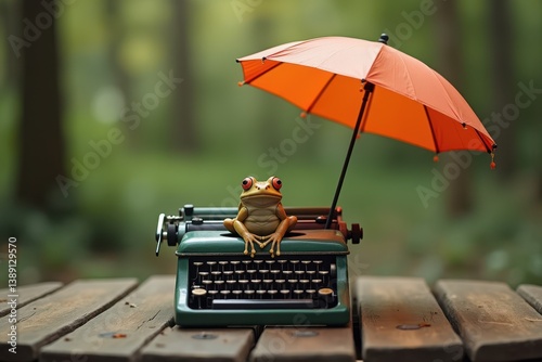 Frog with orange umbrella on vintage typewriter in setting