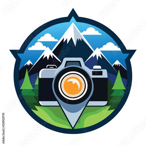 A circular design featuring a camera lens with a mountain scene behind it. The camera lens is pointing at a location marker, symbolizing a destination.