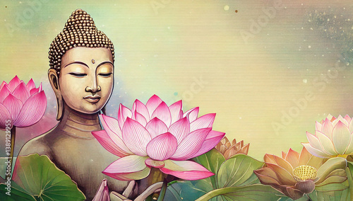 Buddha in lotus field background