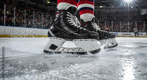 hockey player's skates cut the ice, hockey skates close up
