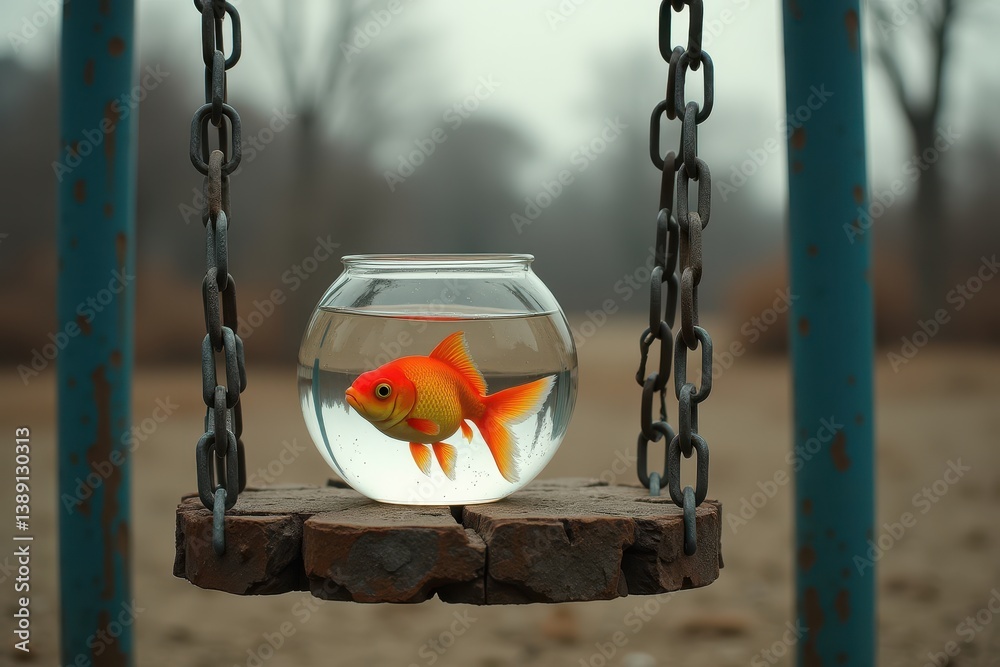 Goldfish in suspended bowl outdoors in misty landscape