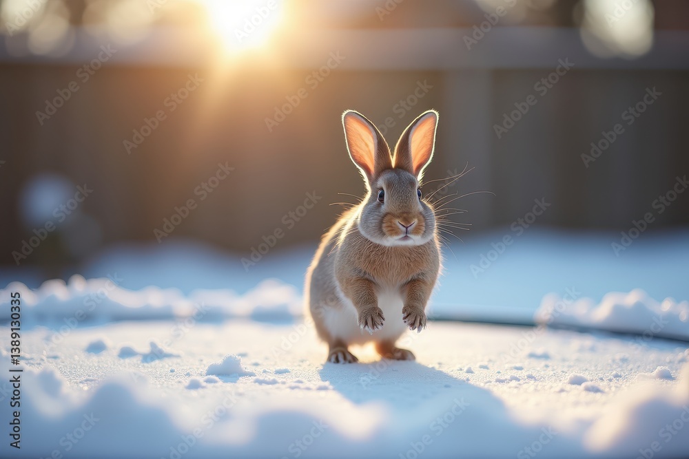 Rabbit in snowy landscape with sunset lighting
