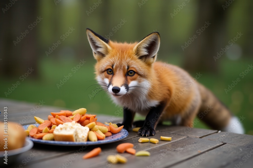 Curious fox exploring picnic with colorful snacks outdoors