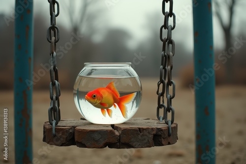 Obraz na płótnie Goldfish in suspended bowl outdoors in misty landscape w salonie