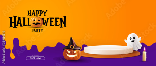 Happy halloween. Realistic 3D cylindrical podium. Happy halloween minimal scene for products showcase, Promotional display.