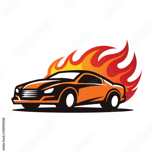 A digital illustration of a sporty orange car with flames behind it, symbolizing speed and power.