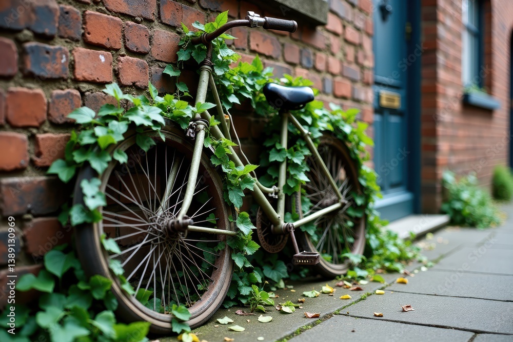Bicycle entwined with lush green ivy rustic brick wall