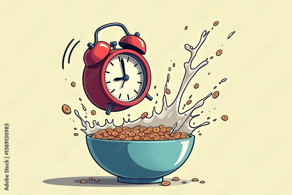 Alarm clock in cereal splash: time for breakfast chaos
