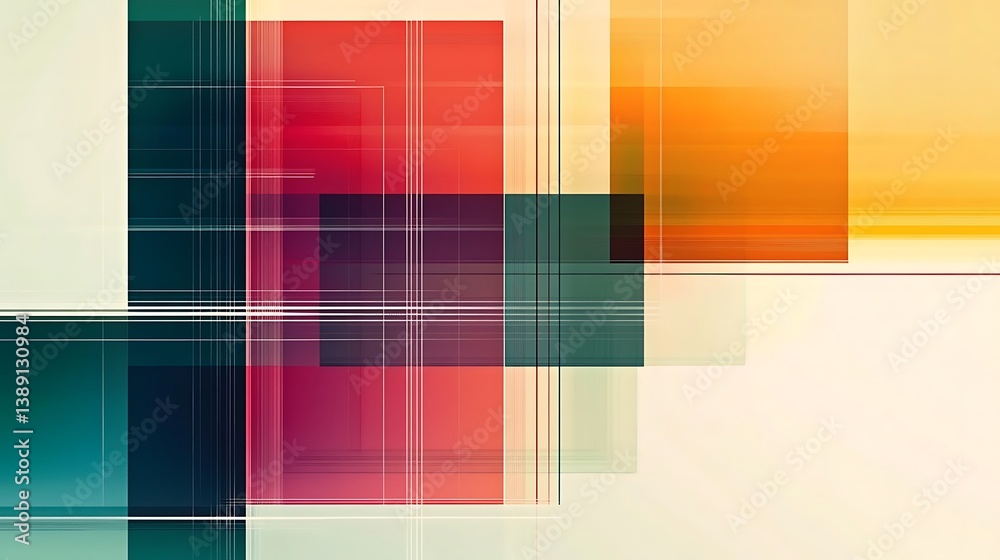 Fototapeta premium Abstract geometric shapes with overlapping layers and vibrant color palette.
