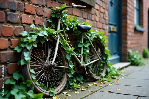 Obraz na płótnie Bicycle entwined with lush green ivy rustic brick wall w salonie