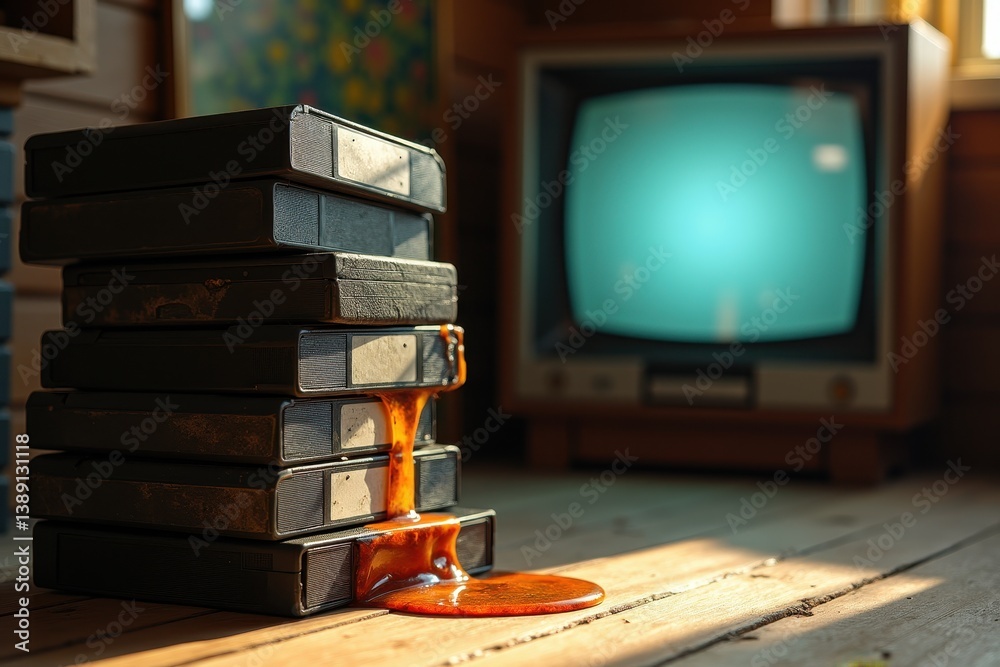 Retro nostalgia: vhs tapes vintage tv in warm lighting