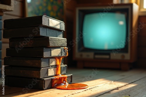 Obraz na płótnie Retro nostalgia: vhs tapes vintage tv in warm lighting w salonie
