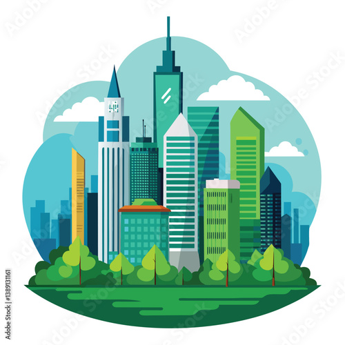 A vibrant, flat-style illustration of a modern cityscape with tall buildings, green trees, and clouds in the background.