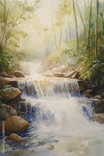 A painted watercolor image of a cascading waterfall in a forest