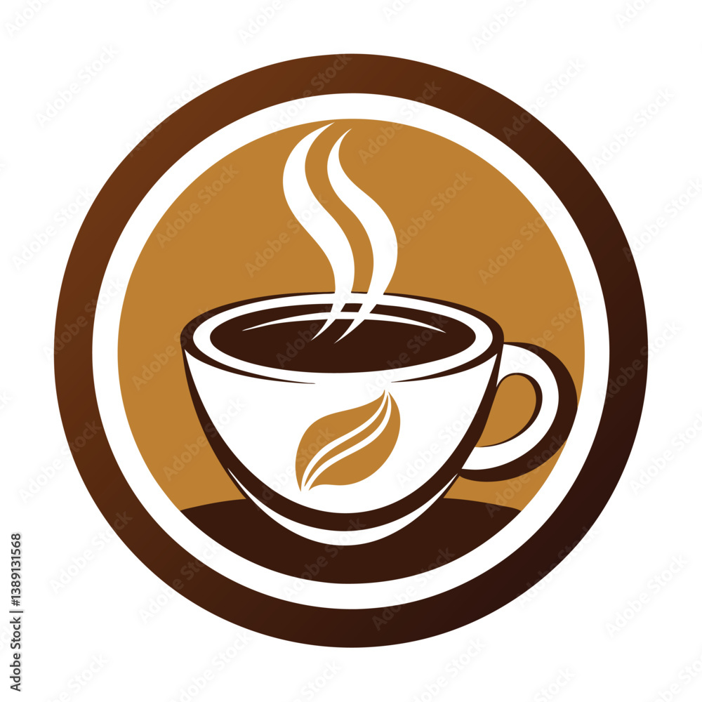 An elegant circular icon featuring a white coffee cup with a leaf design, steaming on a saucer. Ideal for coffee shops, cafes, or beverage businesses. An elegant circular icon featuring a white coffee cup with a leaf design, steaming on a saucer. Ideal for coffee shops, cafes, or beverage businesses.