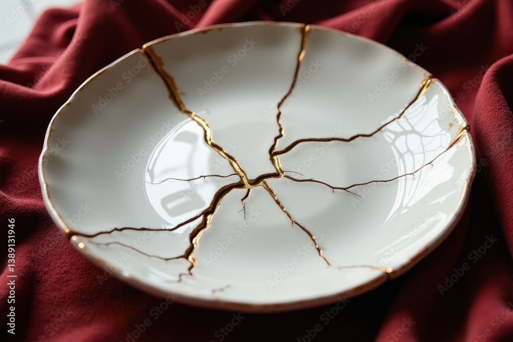 Kintsugi art on ceramic plate with gold seams