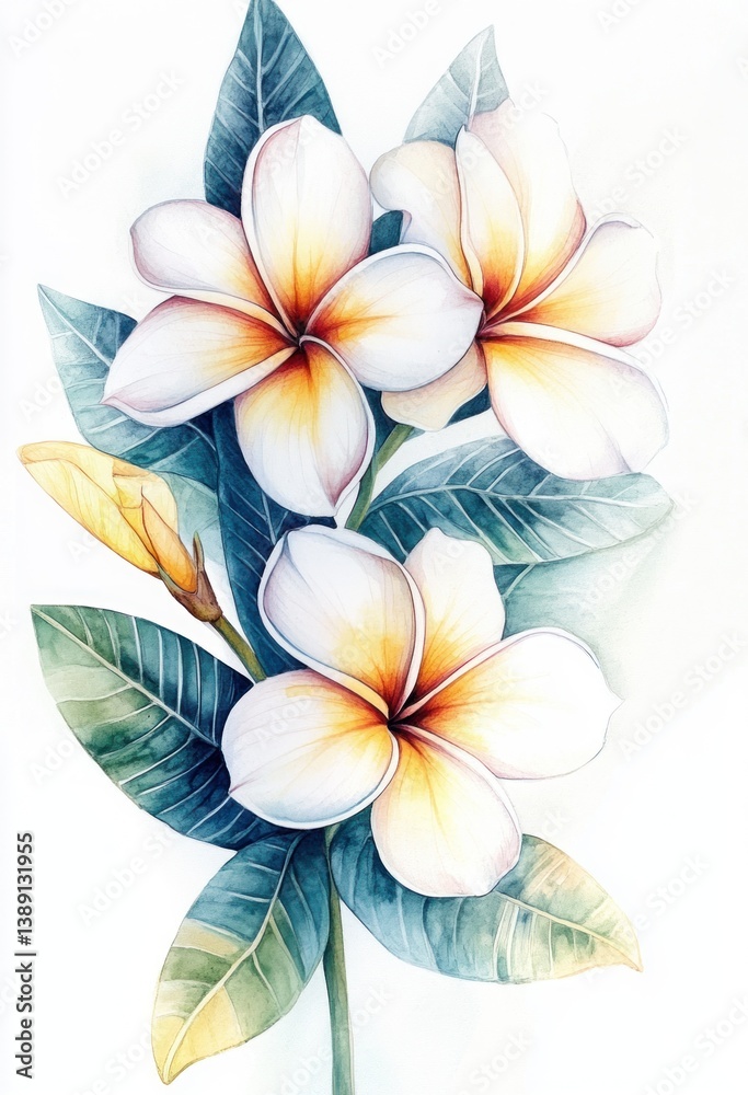 Obraz premium Watercolor illustration featuring beautiful white and yellow tropical flowers