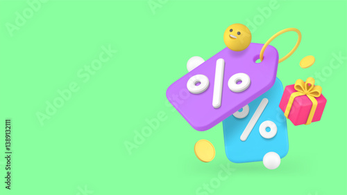 Shopping sale discount price tag with percentage and gift banner copy space vector illustration. Shop store price off special offer Black Friday money savings commercial retail bargain