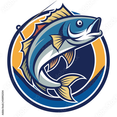 A cartoon illustration of a fish jumping out of the water with a hook in its mouth. The fish is blue, yellow, and white and is surrounded by a blue and yellow circle.