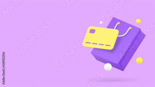 Shopping bag purchase goods banking card payment service banner copy space vector illustration. Consumerism buying purchasing use contactless cashless bank paying commercial financial retail