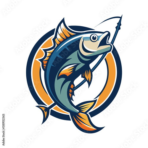 A cartoon fish leaps with a hook in its mouth, blue and green with orange fins. Its against a white backdrop with a yellow circle.