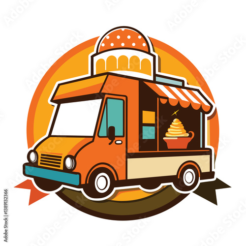 A cartoon illustration of an orange food truck with a striped awning. The truck has a large, round, orange roof and is serving a dessert. The illustration is surrounded by a yellow circle.