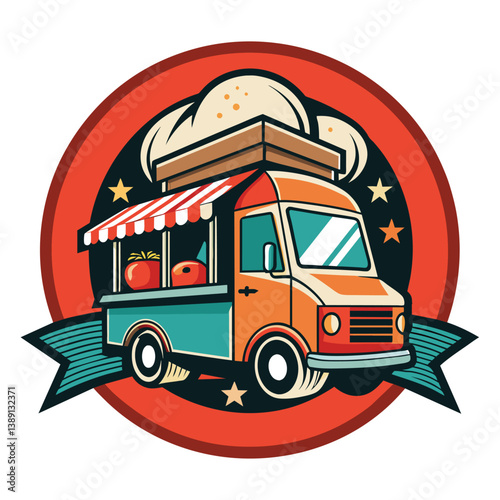 A retro illustration of a food truck with a red circle, stars, and a ribbon. The food truck has a striped awning and a window with tomatoes visible inside.