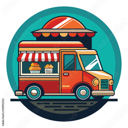 A cartoon illustration of a red food truck with a striped awning selling pastries and baked goods.
