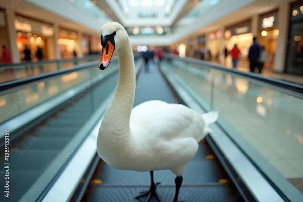 Swan exploring modern shopping mall interior