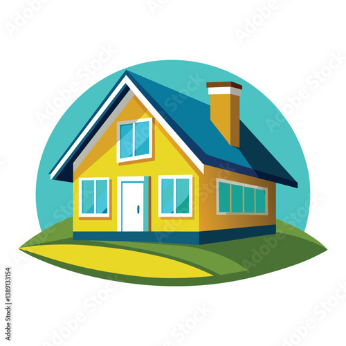 A cartoon illustration of a yellow house with a blue roof and chimney, situated on a small green hill within a circular blue landscape.
