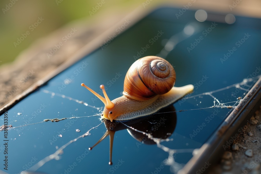 Snail on cracked smartphone screen outdoors