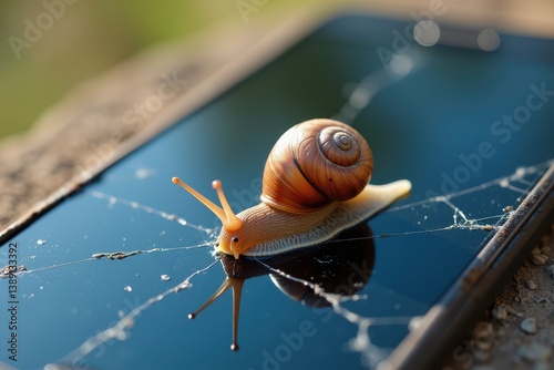 Obraz na płótnie Snail on cracked smartphone screen outdoors w salonie