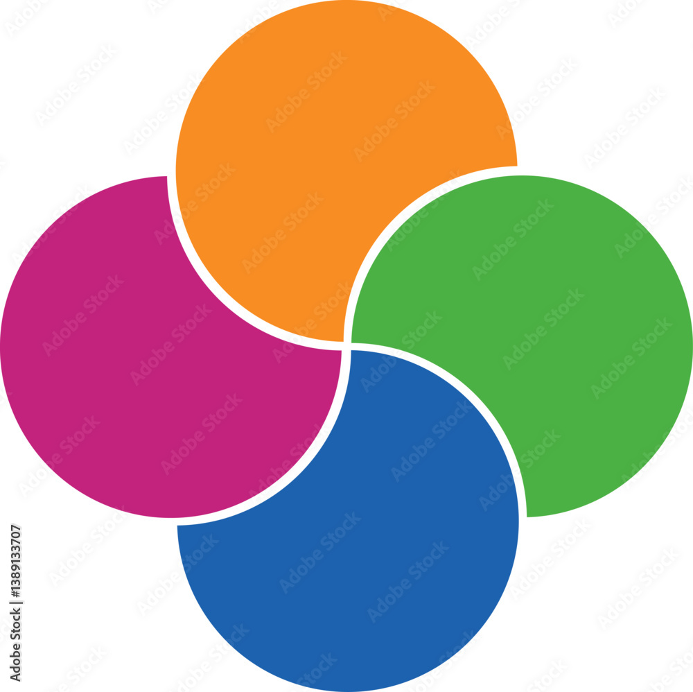 Colorful overlapping circles of infographic pie chart divided into 4 parts. Diagram, chart with 4 steps, options, parts, processes with colorful petals. Vector Illustration. Colorful overlapping circles of infographic pie chart divided into 4 parts. Diagram, chart with 4 steps, options, parts, processes with colorful petals. Vector Illustration.