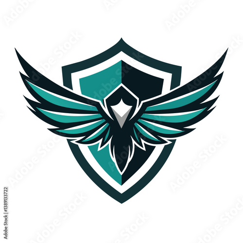 A teal and black bird with spread wings is shown inside of a shield.