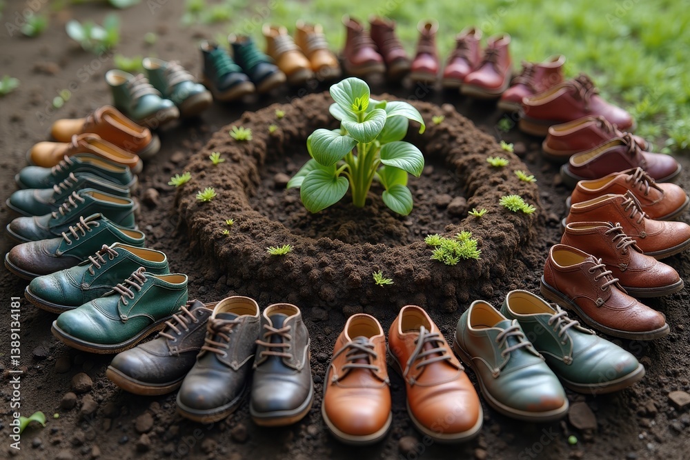 Shoes circle garden plant showcasing colorful footwear display