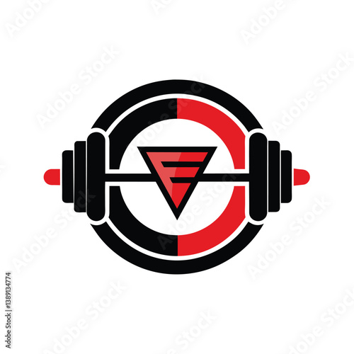 A logo design featuring a barbell with weights on either end and a red and black circular design in the middle. The design includes a stylized red triangle with the letter E inside it.