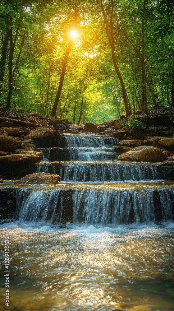 Serene waterfall cascading through lush green forest with sunlight filtering through trees in tranquil nature scene Serene waterfall cascading through lush green forest with sunlight filtering through trees in tranquil nature scene