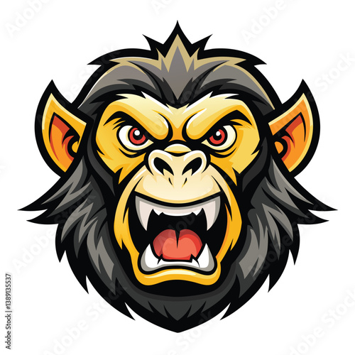 An illustration depicting a cartoon chimpanzee head with an angry expression. The chimps mouth is wide open, revealing sharp teeth. Its eyes are narrowed and filled with aggression.