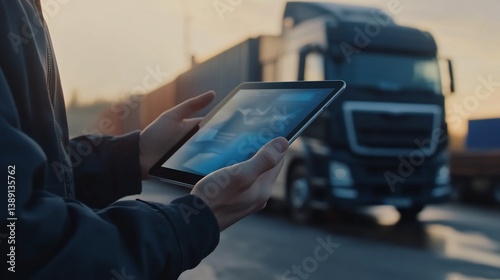 Modern logistics: Man using tablet for transportation management with truck backdrop