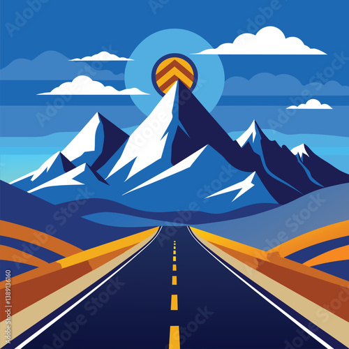 A scenic illustration of a winding road leading to snow-capped mountains with a bright sun shining above. The road is surrounded by rolling hills, and the sky is clear and blue.