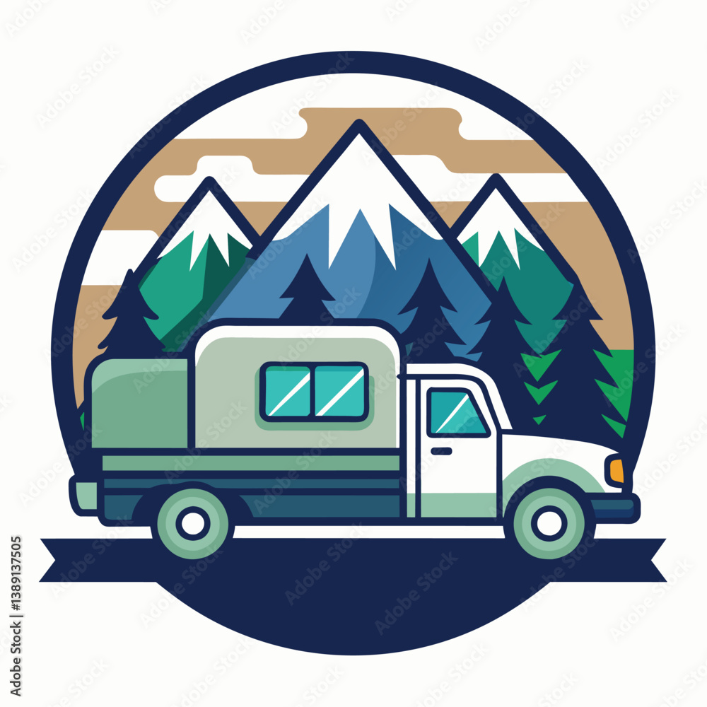 Obraz premium A cartoon illustration of a truck with a camper shell driving through a mountain range landscape.